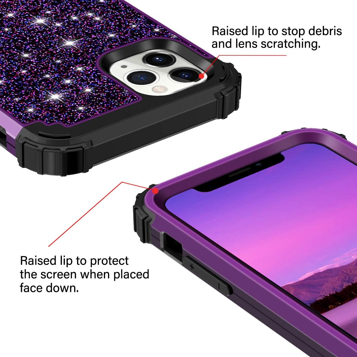 Hekodonk for iPhone 11 Pro Case Heavy Duty Shockproof Protection Hard Plastic+Silicone Rubber Hybrid Protective Case for Apple iPhone 11 Pro Glitter Purple