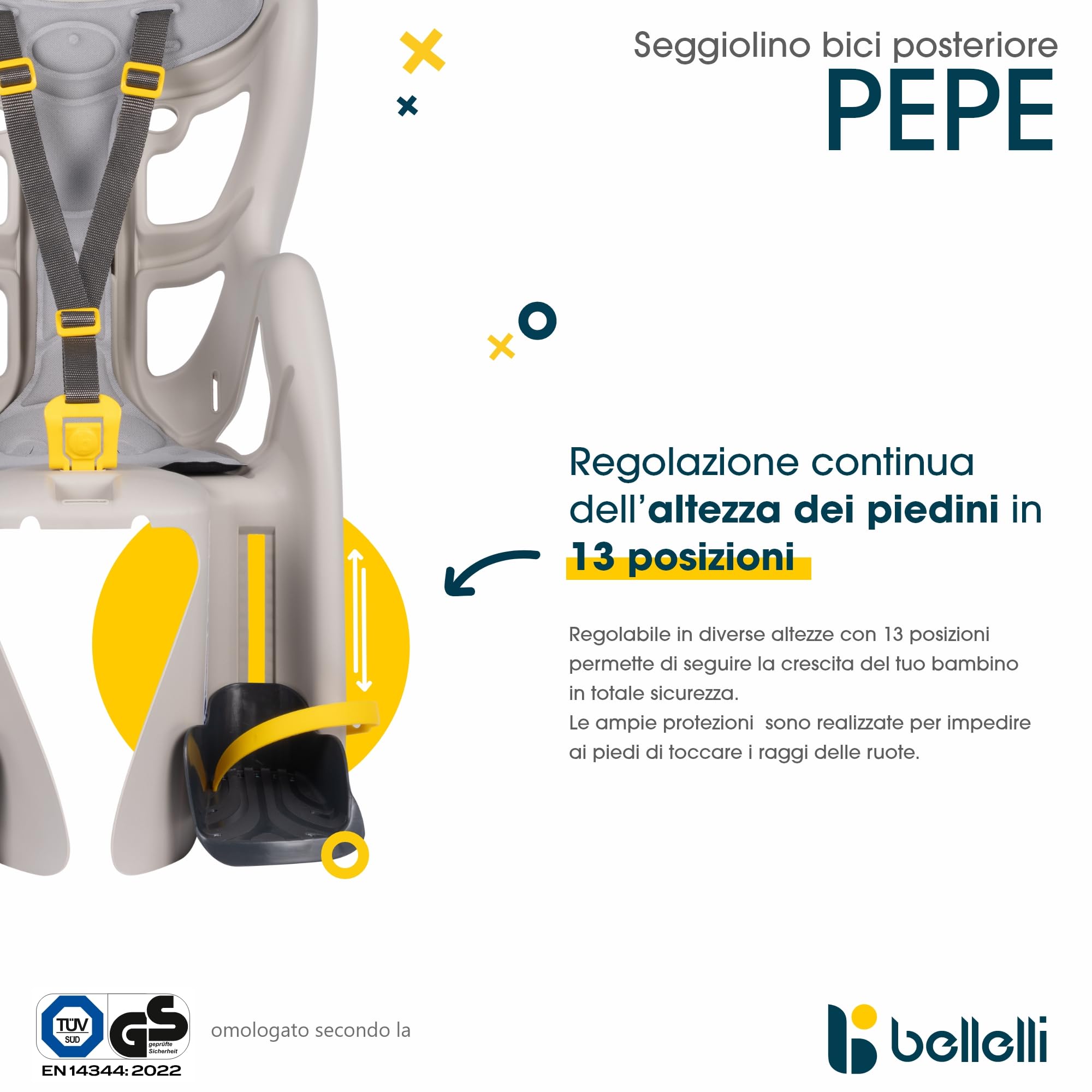 Bellelli | Pepe - Seggiolino Posteriore per Bicicletta - per Bambini Fino a 22 kg, da 3 a 8 Anni - Si Fissa al Telaio - Colore Black
