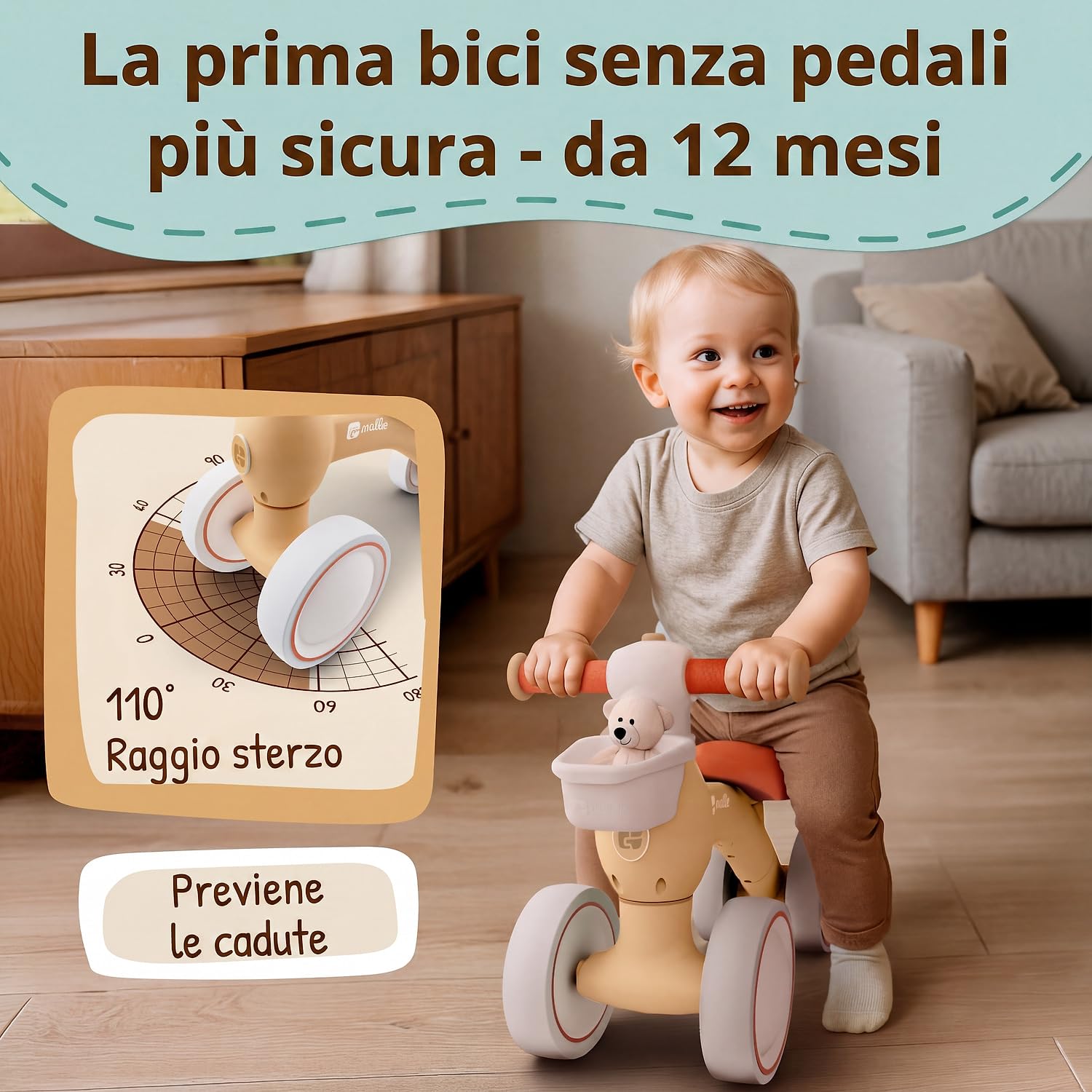 Mallie® Bicicletta Senza Pedali per 1 Anno con cestino - Balance Bike, Regalo Bambino 1 Anno, Bici Senza Pedali 2 Anni, Regalo Bimbo, Regalo Bambina