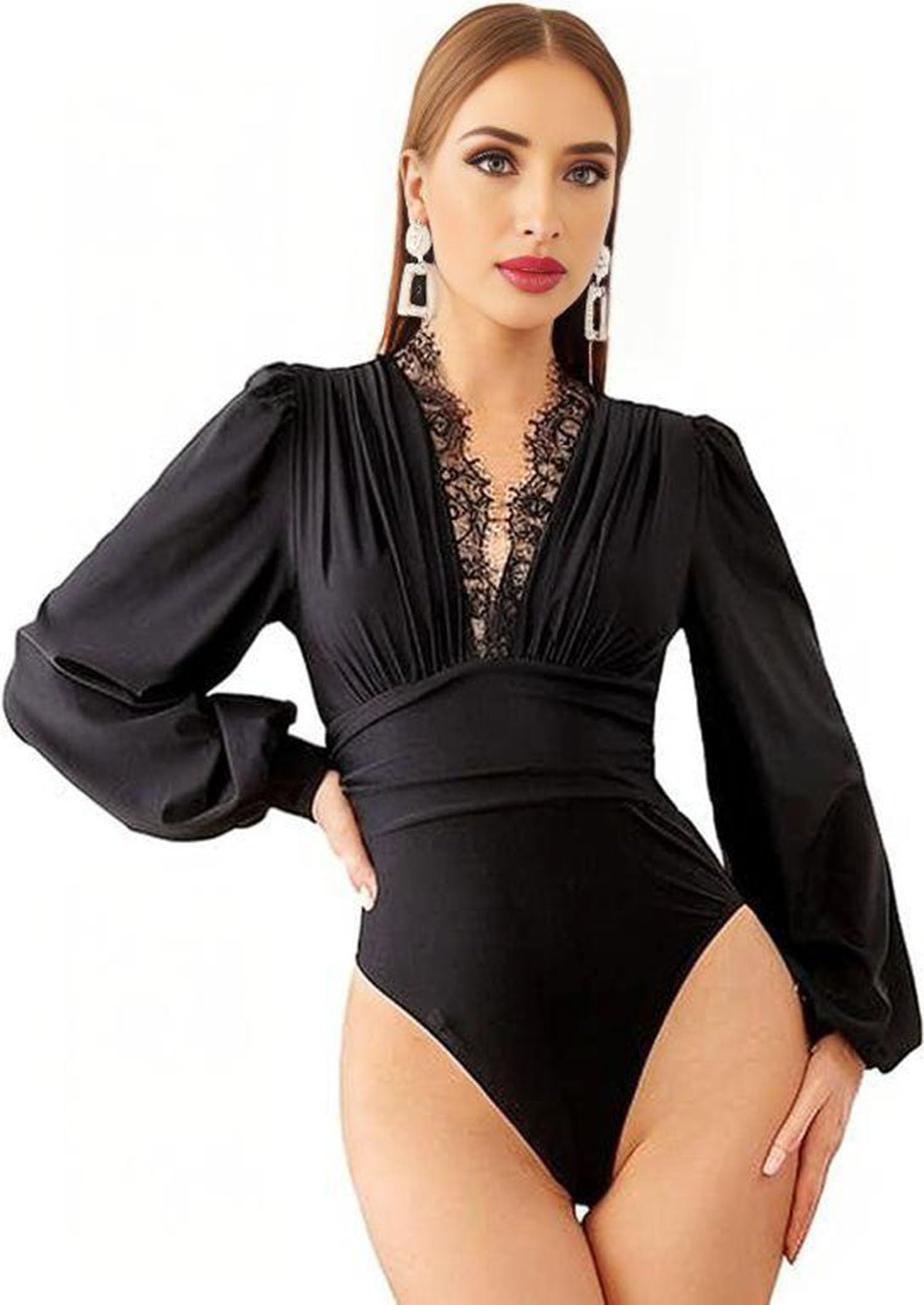 Body para mujer con mangas de encaje, body con cuello en V profundo, ribete de encaje, manga larga, elegante, parte superior de encaje con encaje sin espalda, camiseta de punto elegante, blusa