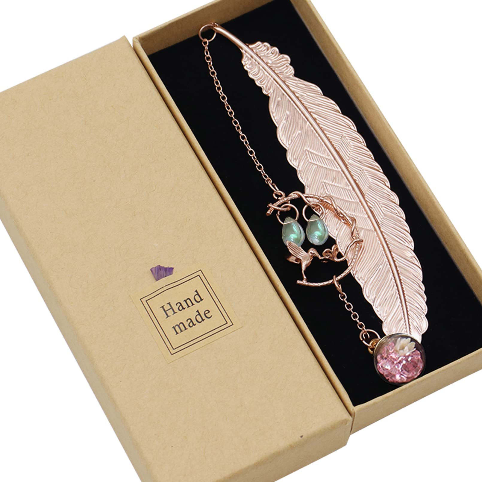 Metal Feather Bookmark with Gift Box, Vintage Book Mark with 3D Hummingbirdand Pendant, Gifts for Women, Book Lovers,Teacher Gifts, Mother's Day Gifts