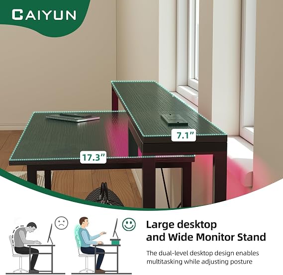CAIYUH Gaming Desk with LED Lights & Power Outlets 120x50cm, Black