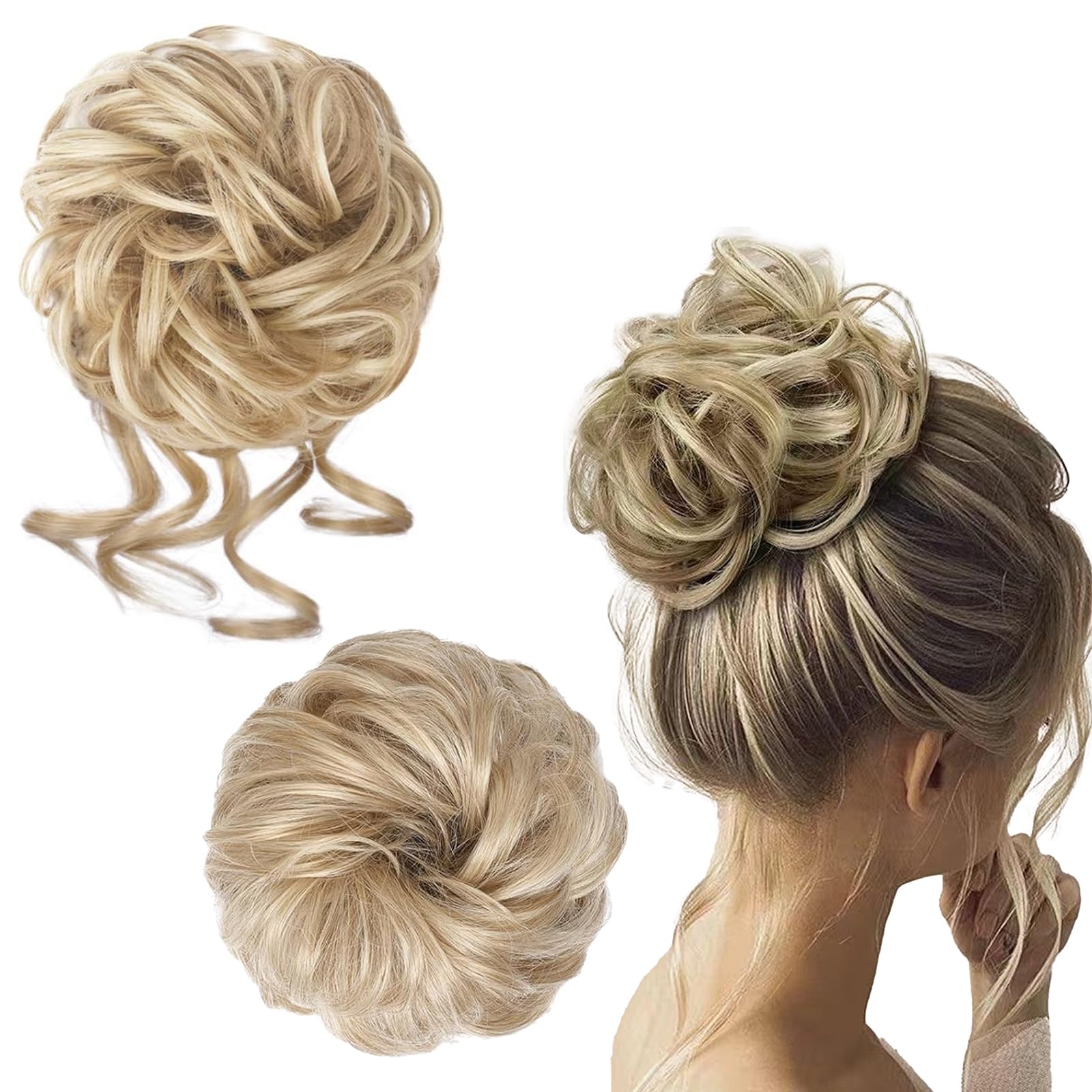 GIEEU 2 Styles Ash Blonde Messy Bun Hair Piece Set, Elastic Scrunchies Hair Bun Donut Kit for Women Easy Wear Hair Accessories