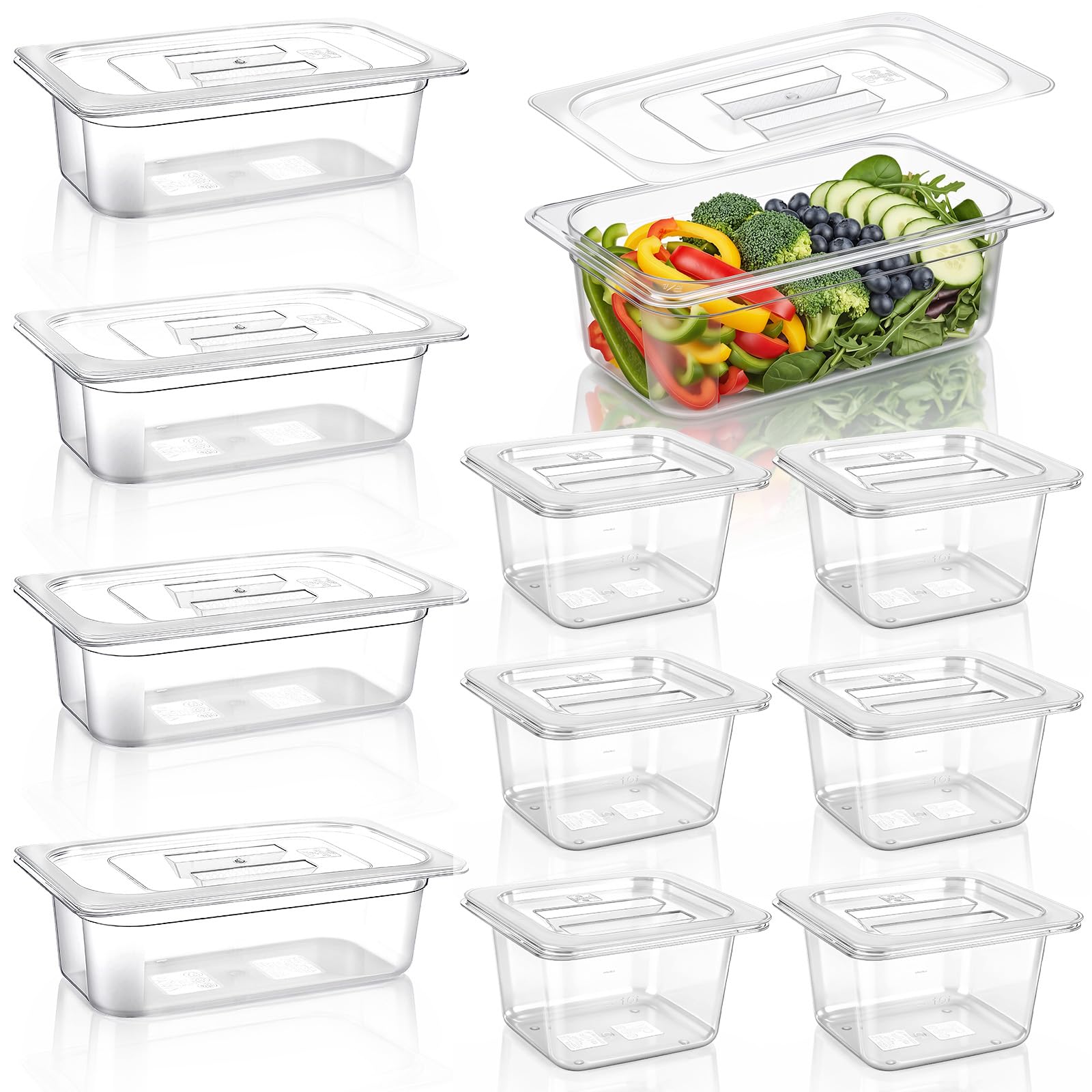 Photo 1 of ***DAMAGED AND WARPED*** Sliner 10 Pack Plastic Clear Food Pans with Lids, Stackable and Freezer Safe Commercial Food Storage Containers for Fridge Salad Polycarbonate(4" 1/3+1/6 Set)
