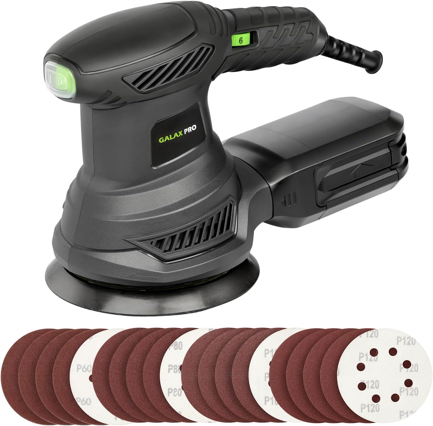 GALAX PRO 2.5 A Random Random Orbital Sander, 300 W, Electric Orbital Sander with 6 Different Speed 6000-13000 RPM, 12.5 cm Palm Sander with 20 Sandpaper, 1
