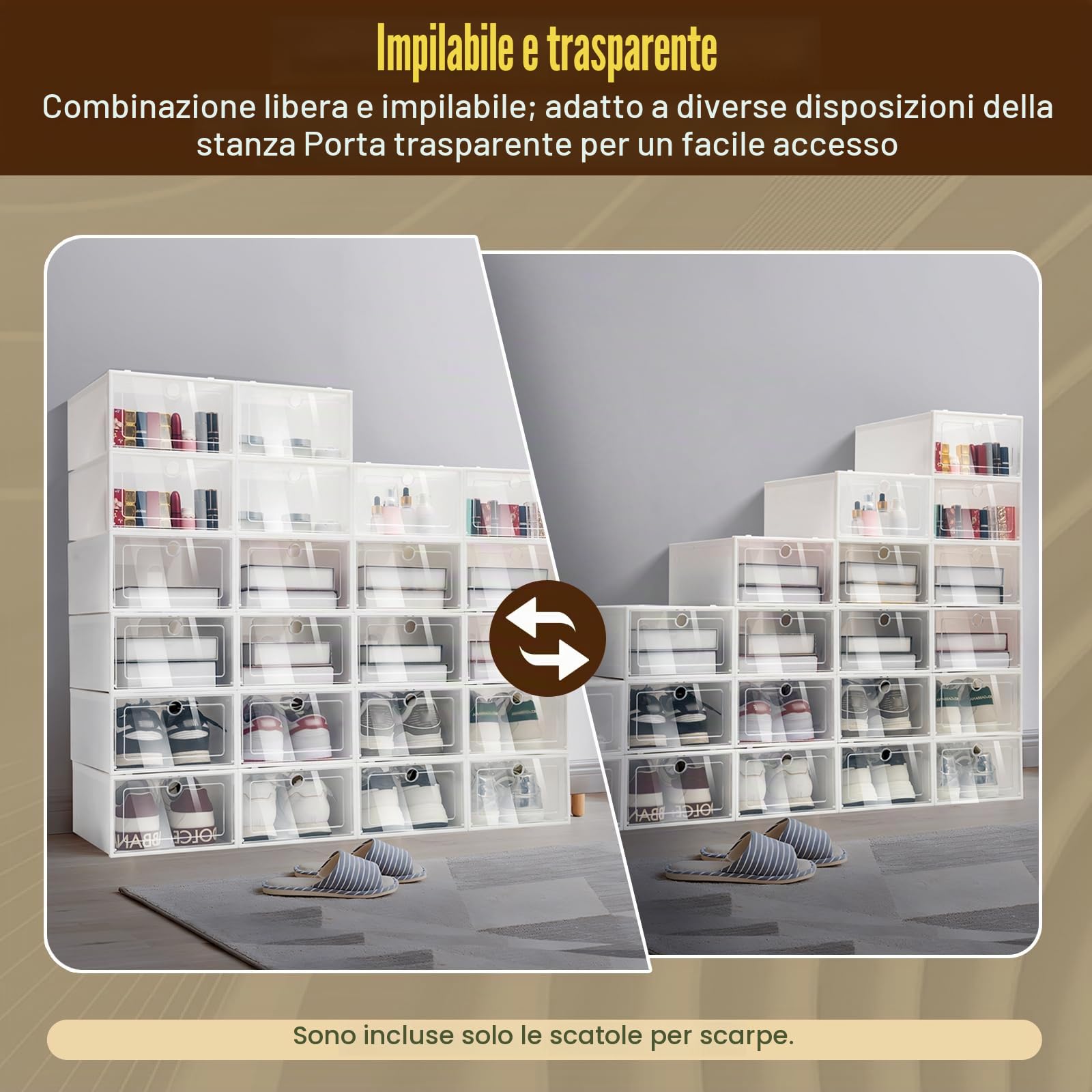Scatola per scarpe impilabile, set da 24 scatole per scarpe, in plastica, organizer per scarpe, pieghevole, 33 x 23 x 14 cm, trasparente bianco