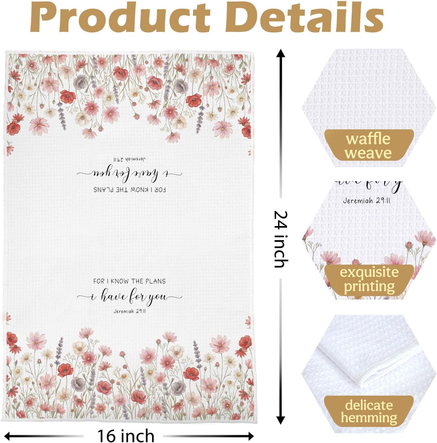 Floral Christian Kitchen Towel Set - Christian Religious Gifts Decorative Waffle Dish Towels, Bible Verse Hand Towels, Religious Gifts Tea Towel, 16x24 Inch Set of 4