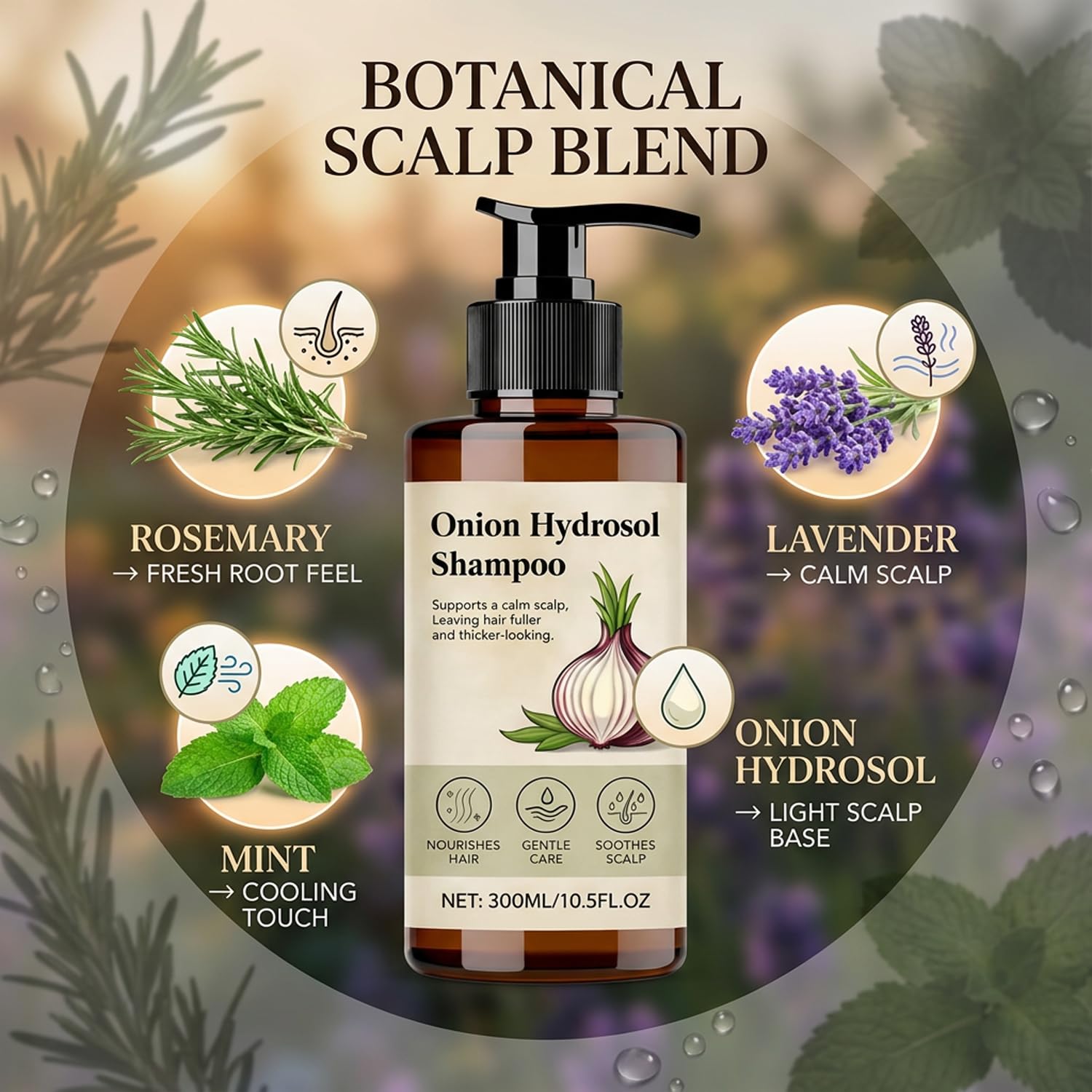 Onion Hydrosol Shampoo, Onion Shampoo for Hair Growth with Biotin & Rosemary, Botanical Scalp Care, Looking Hair for Women & Men