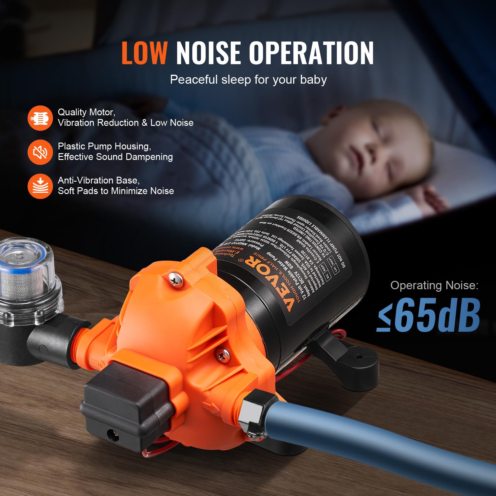 VEVOR Pompa membranowa 12 V, 1,8 GPM, 6,81 l/min, 3-komorowa pompa wodna 12 V DC z automatycznym wyłącznikiem ciśnienia 40 – 100 PSI, 60 PSI, port MNPT do kamperów, jachtów, kamperów, kamperów, łodzi