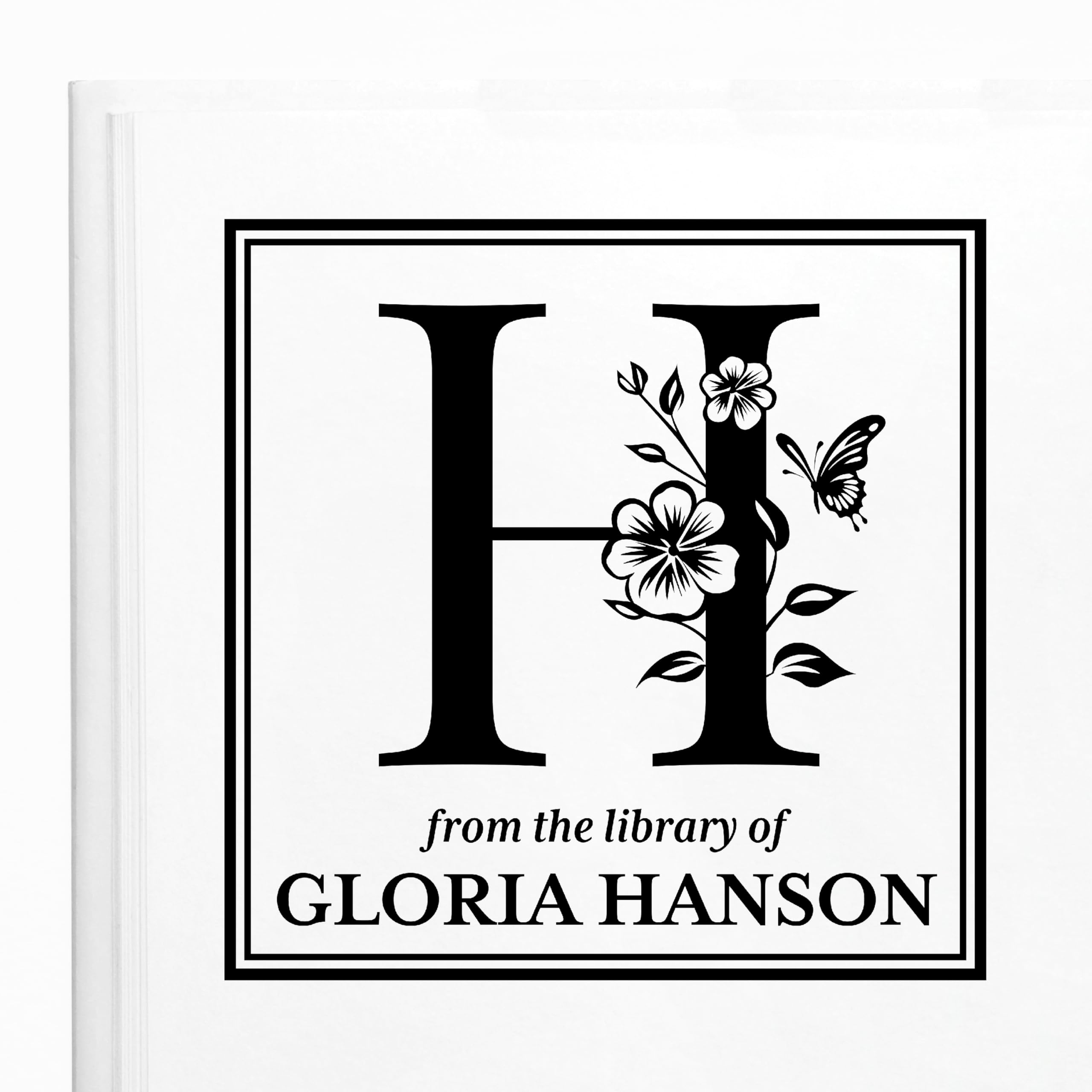 ExcelMark Personalized Book Stamp - from The Library of - Ex Libris - Wood Stamp, Self-Inking Stamp, or Embosser (Flower, Square)