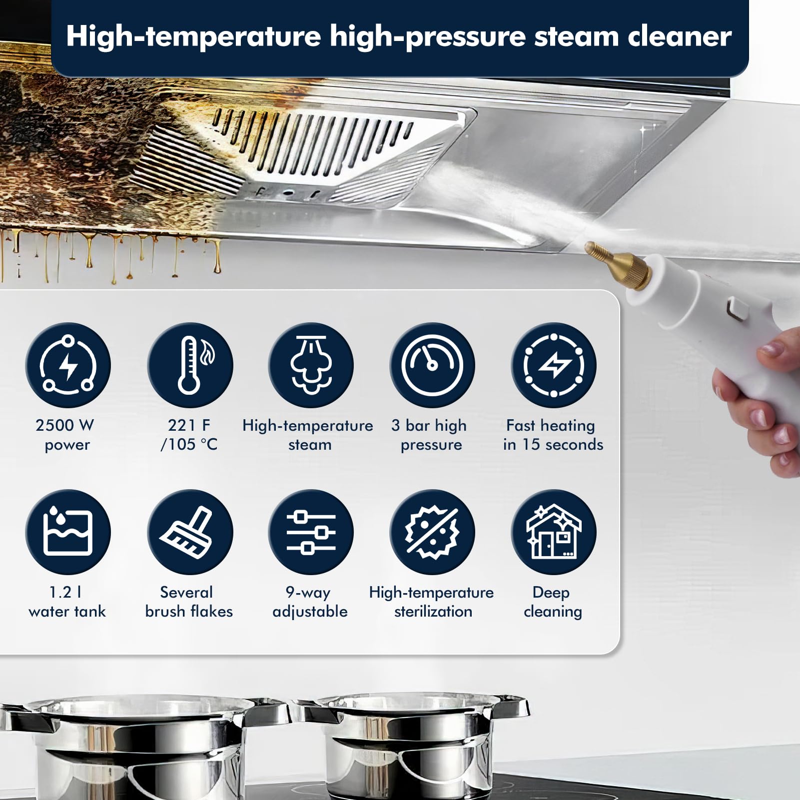 Dampfreiniger Handgerät,2500W Hochtemperatur Druckdampfreinigungsmaschine | 3 Bar für effiziente Haushaltsreinigung,9 Modi einstellbar, 1.2L Kapazität (Weiß)