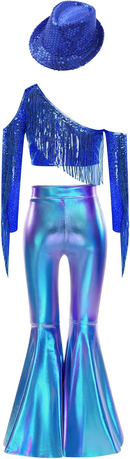 Girls' Sequined Crop Top One Shoulder Dance Shirts And Patent Leather Hip Hugger Slim Fit Royal Blue 16 Years
