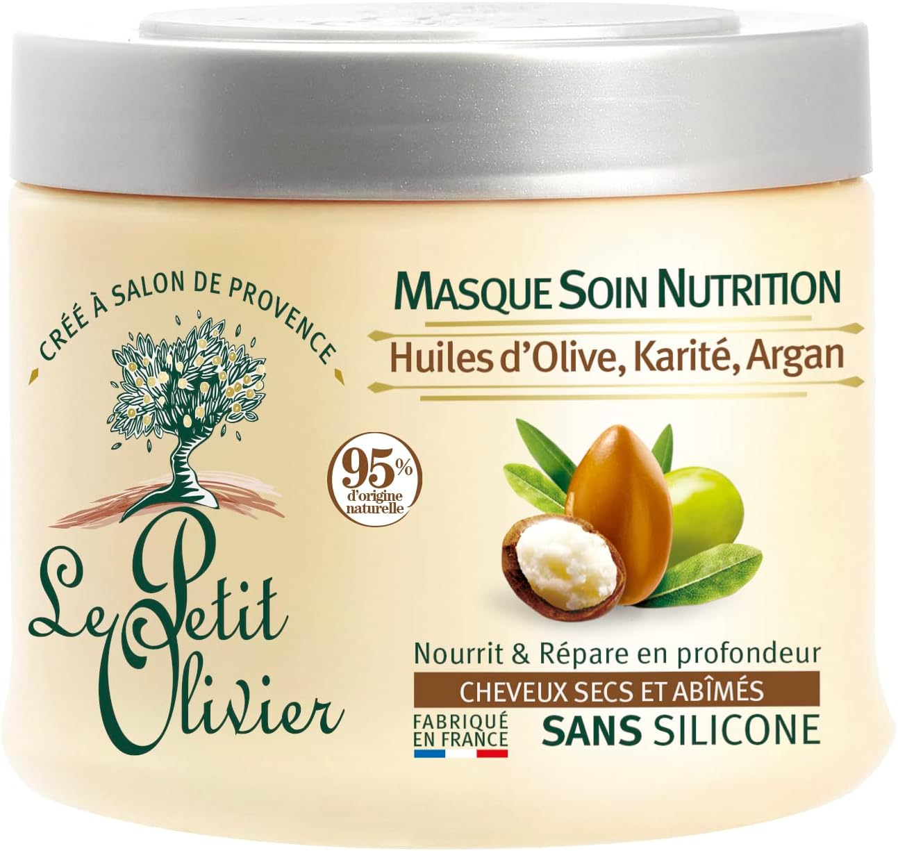 LE PETIT OLIVIER – Masque Soin Nutrition – Huiles D’Olive, Karité, Argan – Démêle, Nourrit & Répare – Cheveux Secs et Abîmés – Sans Silicone – Fabriqué en France – 330 ml