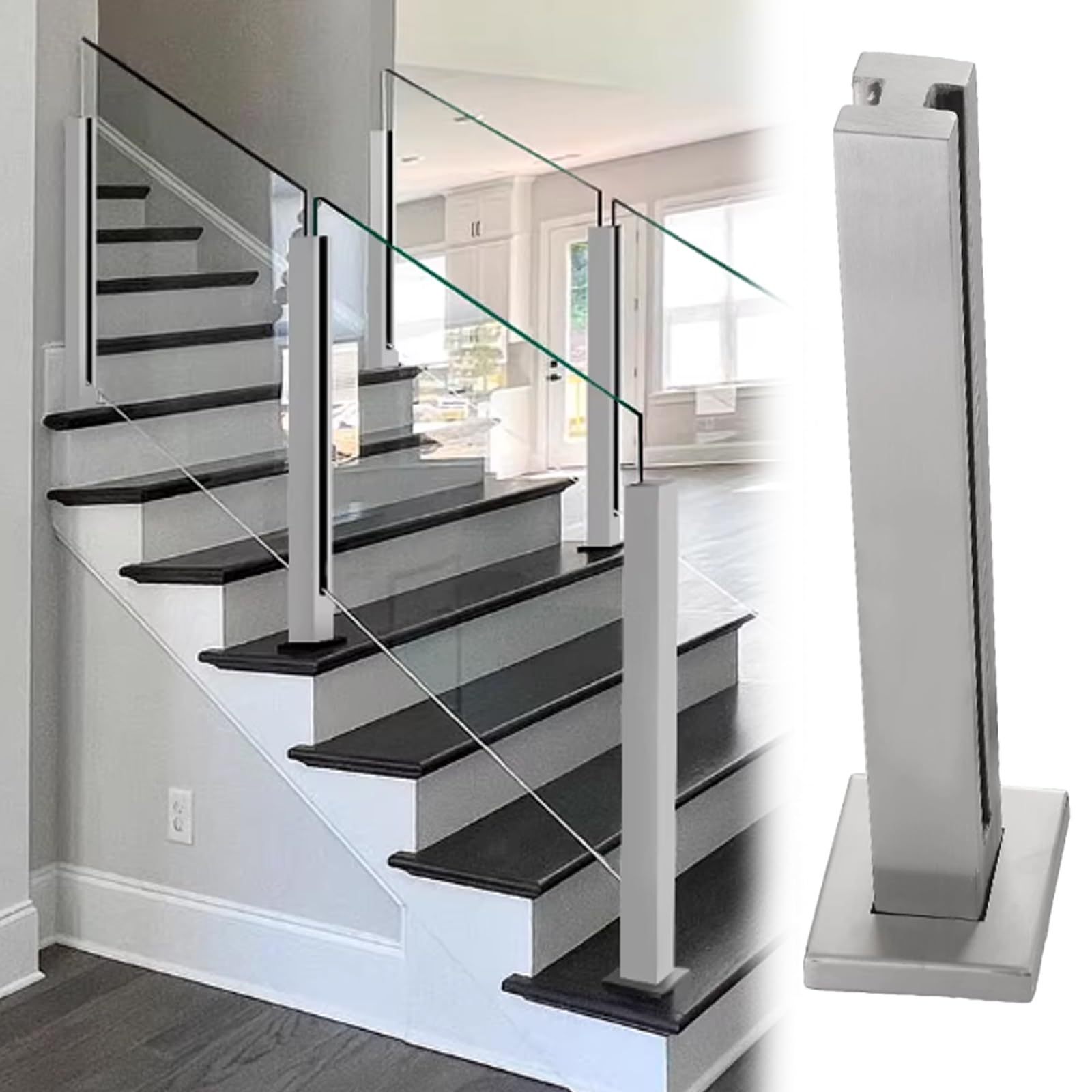 Poteau de rampe d'escalier argenté en acier brossé avec embase pour panneau de verre de balcon