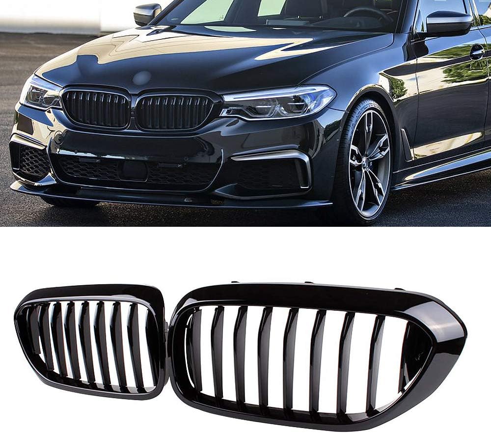SNA G30 Grille, Front Kidney Grill Compatible for 2017-2020 BMW 5 Series G30 (ABS Single Slat Gloss Black Grills, 2-pc Set)