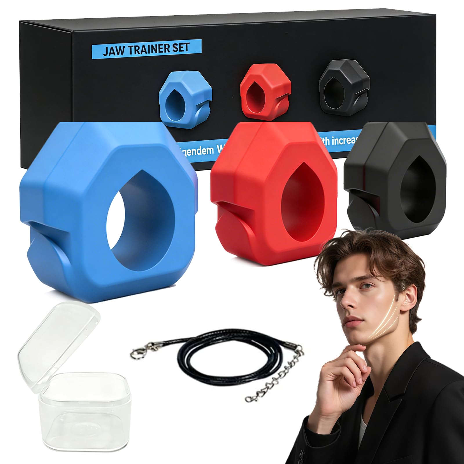Pack of 3 Jaw Trainer, Jaw Trainer for Men and Women, Silicone Jaw Trainer Jawline Trainers, Neck Trainers, Anti-Wrinkles, Double Chin Reducer for Exercises, Face Muscles, Blue + Red + Black