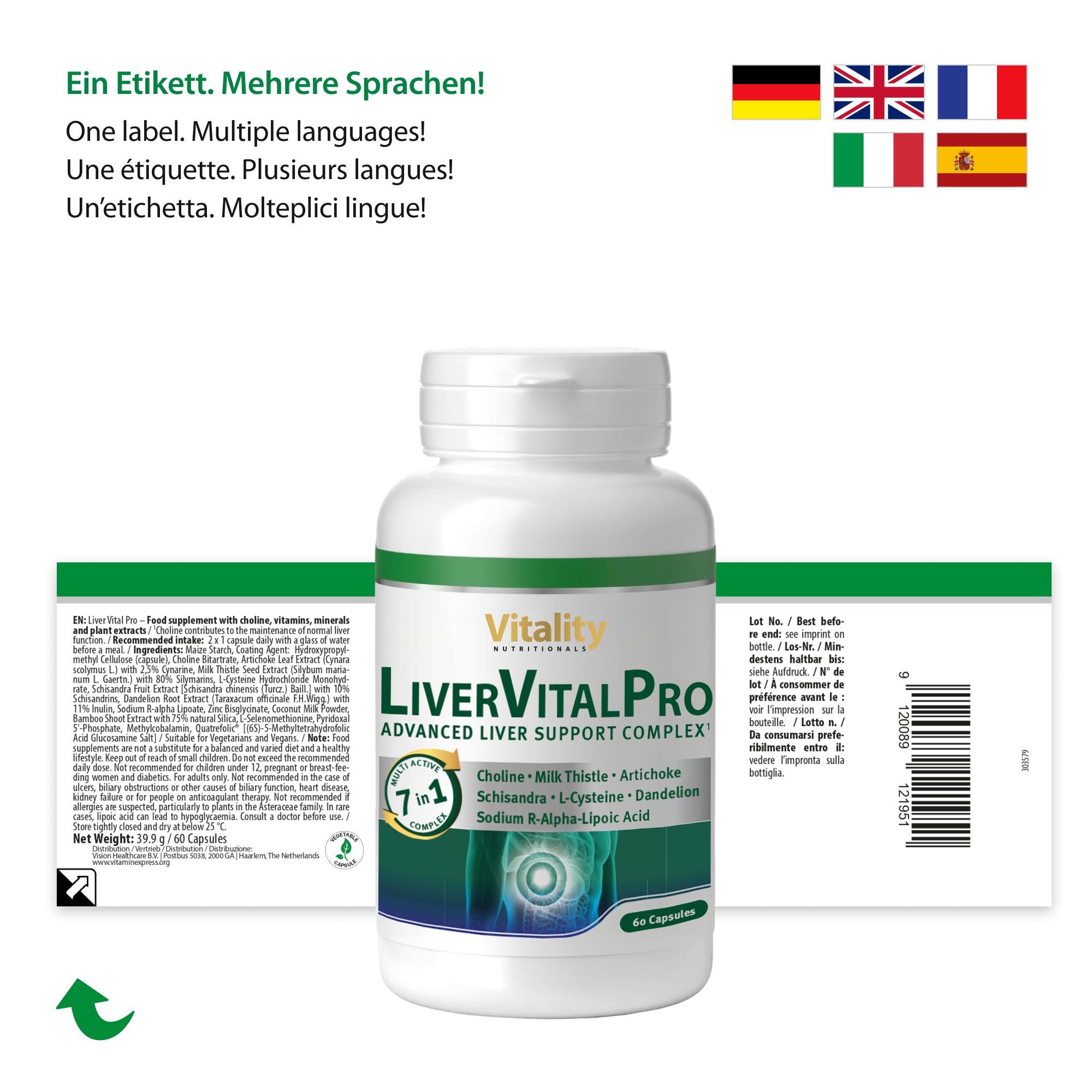 Leber Vital Kapseln Hochdosiert, ganzheitliche 7-in1-Formel mit Cholin, Vitaminen, Mineralstoffen, Mariendistel, Löwenzahn, Artischocke und Schisandra (60 Stk) Liver Vital Pro Vitality Nutritionals