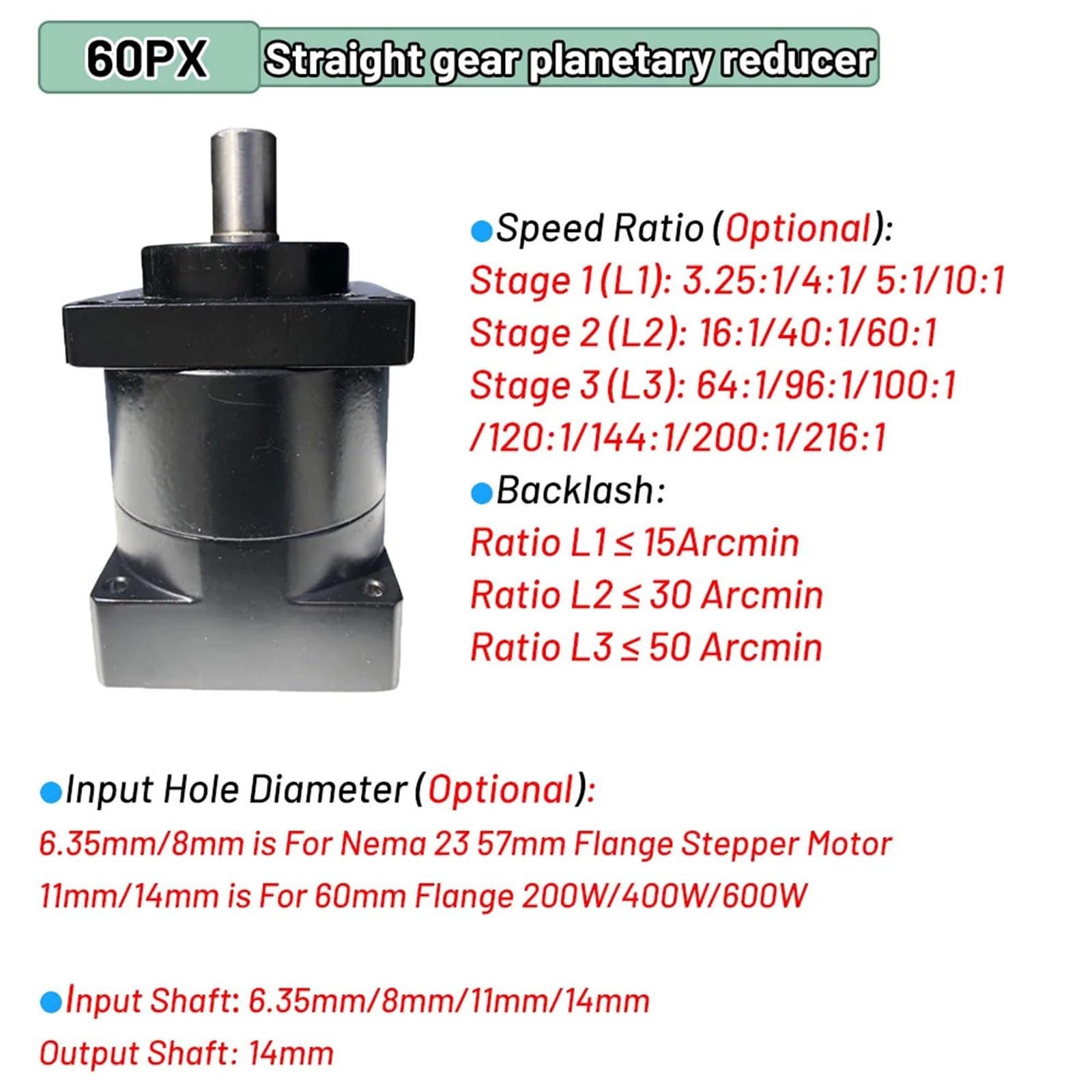 Planetarna przekładnia redukcyjna 57/86 mm, silnik 200/400/600/750 W/1 kW Servo (Noir, współczynnik 3 do 1)