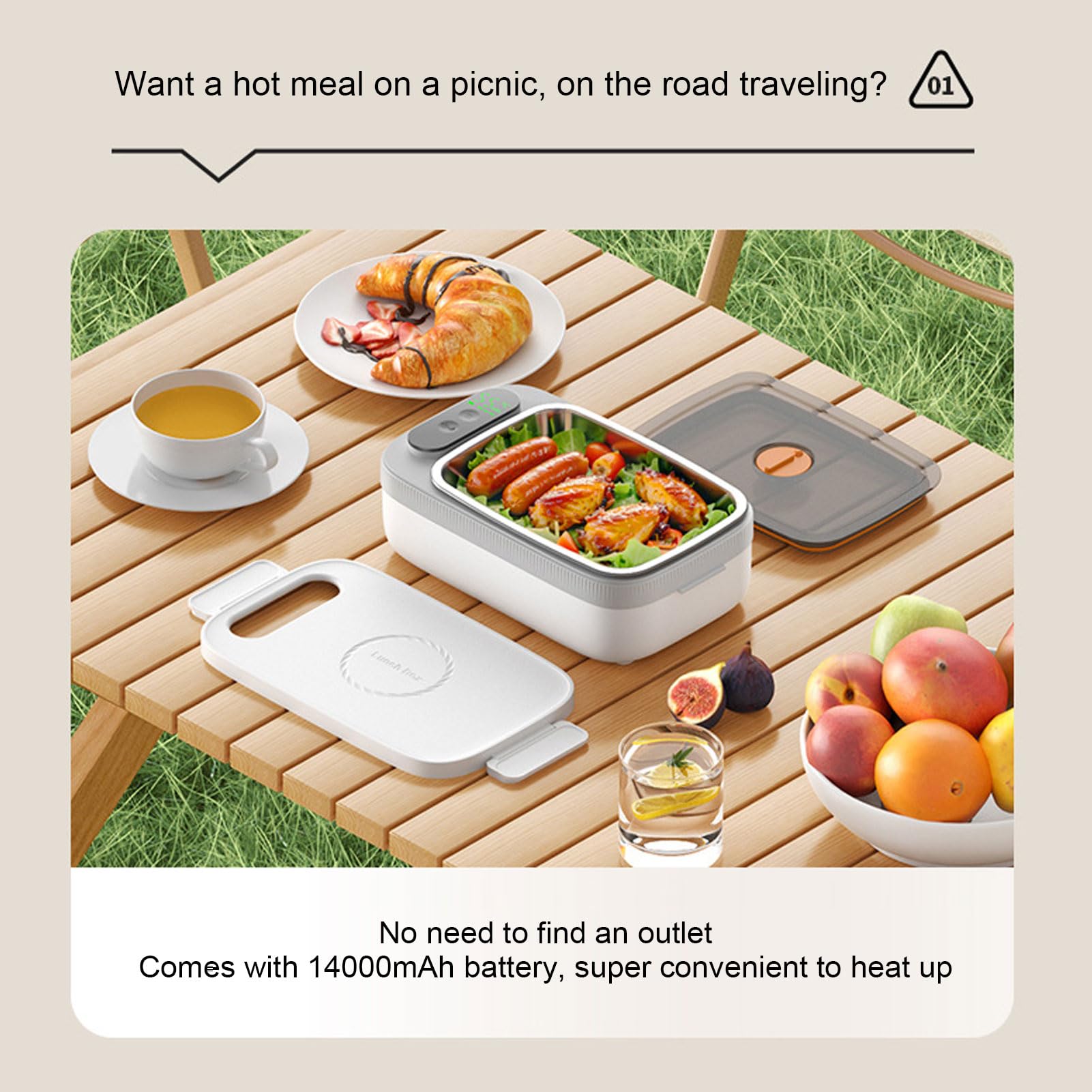 Pongnas Box per Il Pranzo Elettrico per Adulti Alimenti Portatili Caldi per Auto -Riscaldamento a Corda da Pranzo con Batteria da 14000 mAh per Auto da Viaggio per Auto da Viaggio in