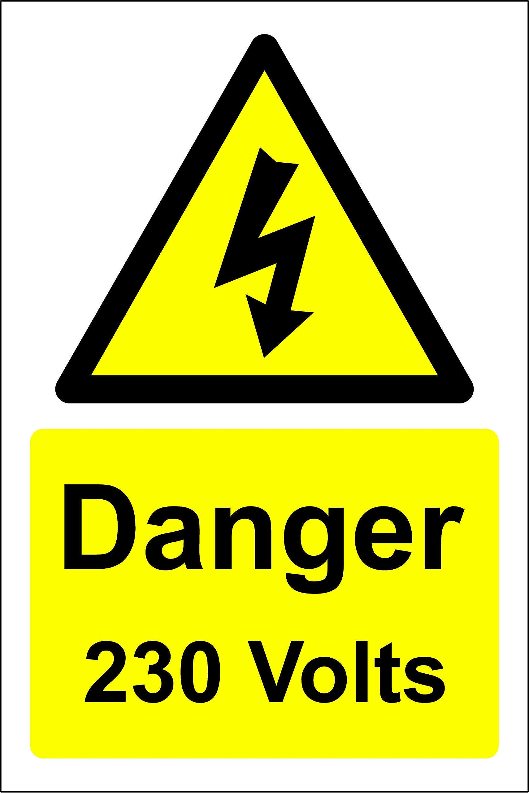 Danger 230 volts electricity Safety sign - Self adhesive sticker 150mm x 100mm