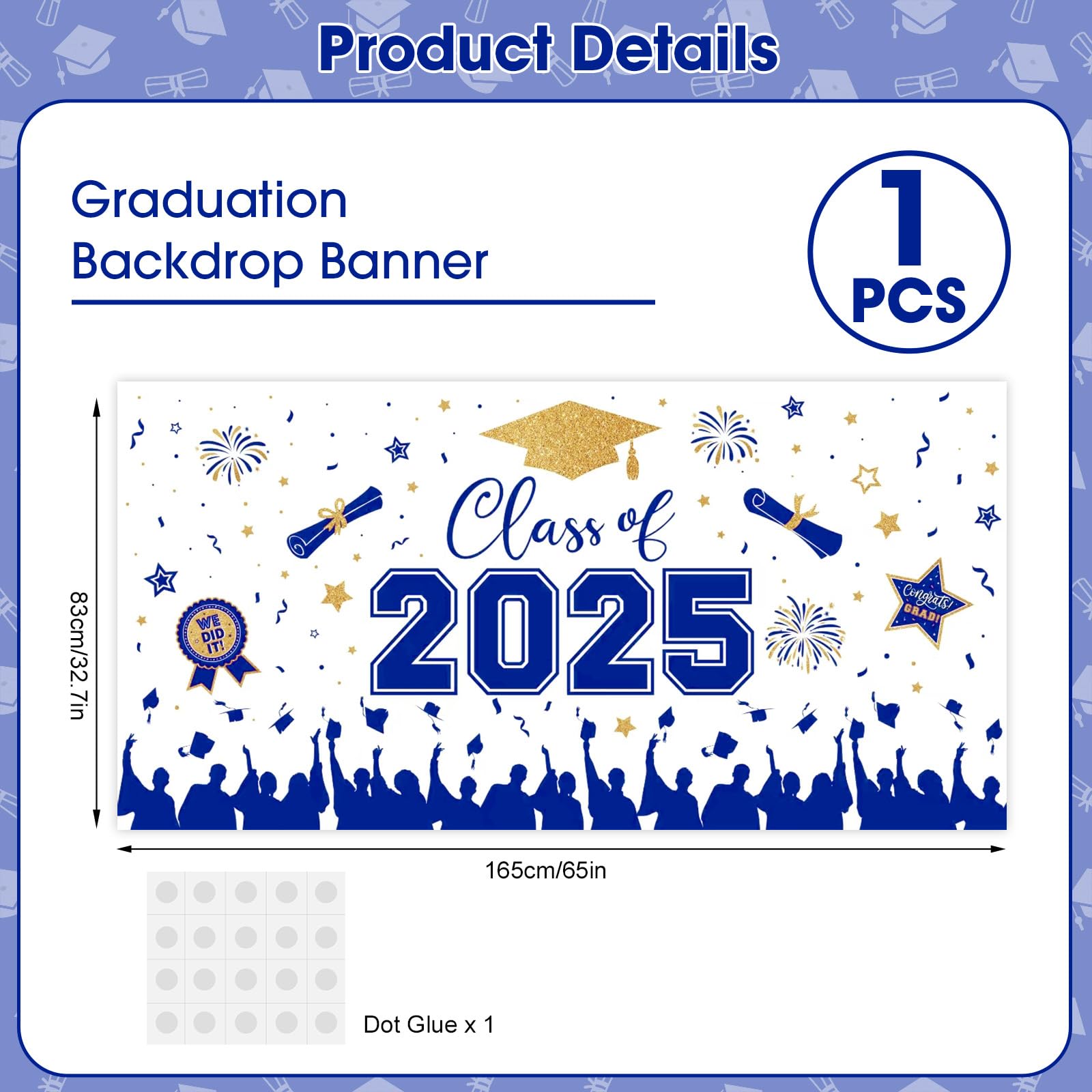 Class Of 2025 Graduation Banner - 65x32.7 Inch Blue Plastic Backdrop Decor