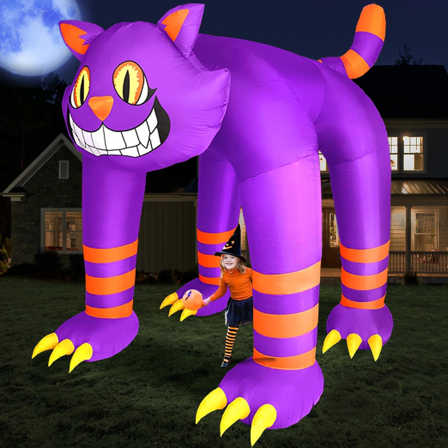 10FT Halloween Inflatable Purple Cat Archway, Halloween Inflatables Arch Built-in 10 LEDs Blow up Cat Inflatable for Halloween Inflatable Outdoor Decoration Haunted House Party Parade