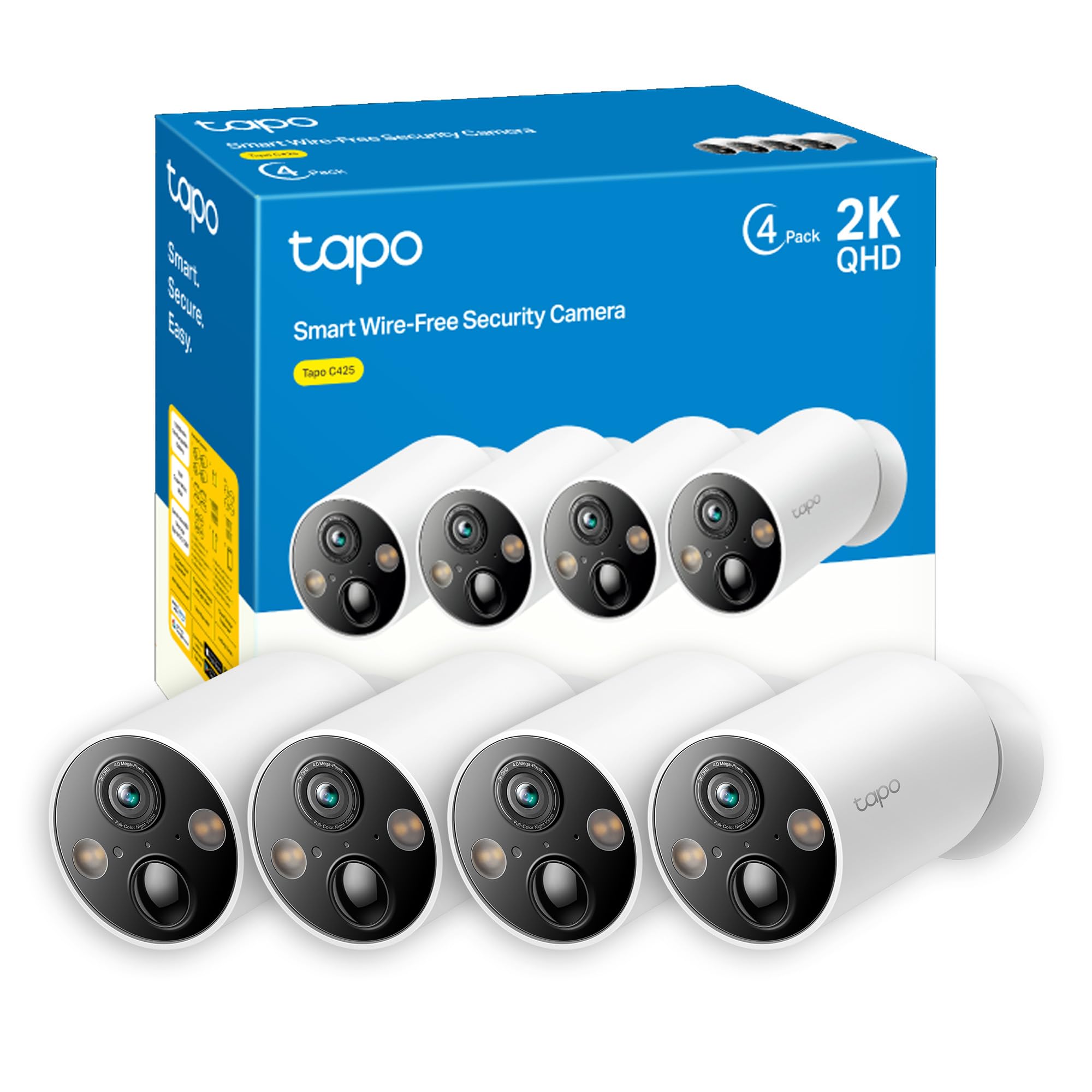 Tapo C425 Telecamera WiFi Esterno Senza Fili 2K 4MP con Base Magnetica, Batteria 300Dì, Allarme su Rilevamento Movimento, IP66, Audio Bidirezionale, Visione Notturna a Colori, Nessun Hub Richiesto 4pz