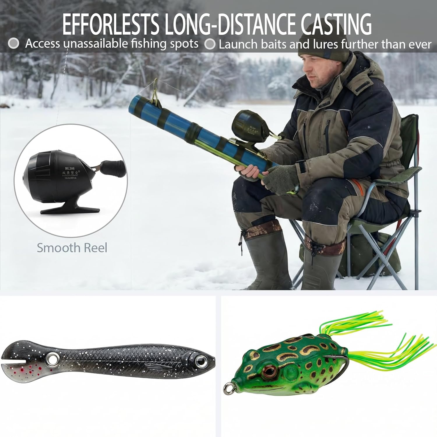 Fishing Catapult Rod with Reel & 2 Lures, Portable Telescopic Slingshot Fishing Pole, Complete Casting Kit with Carry Bag for Saltwater and Freshwater Fishing Gear
