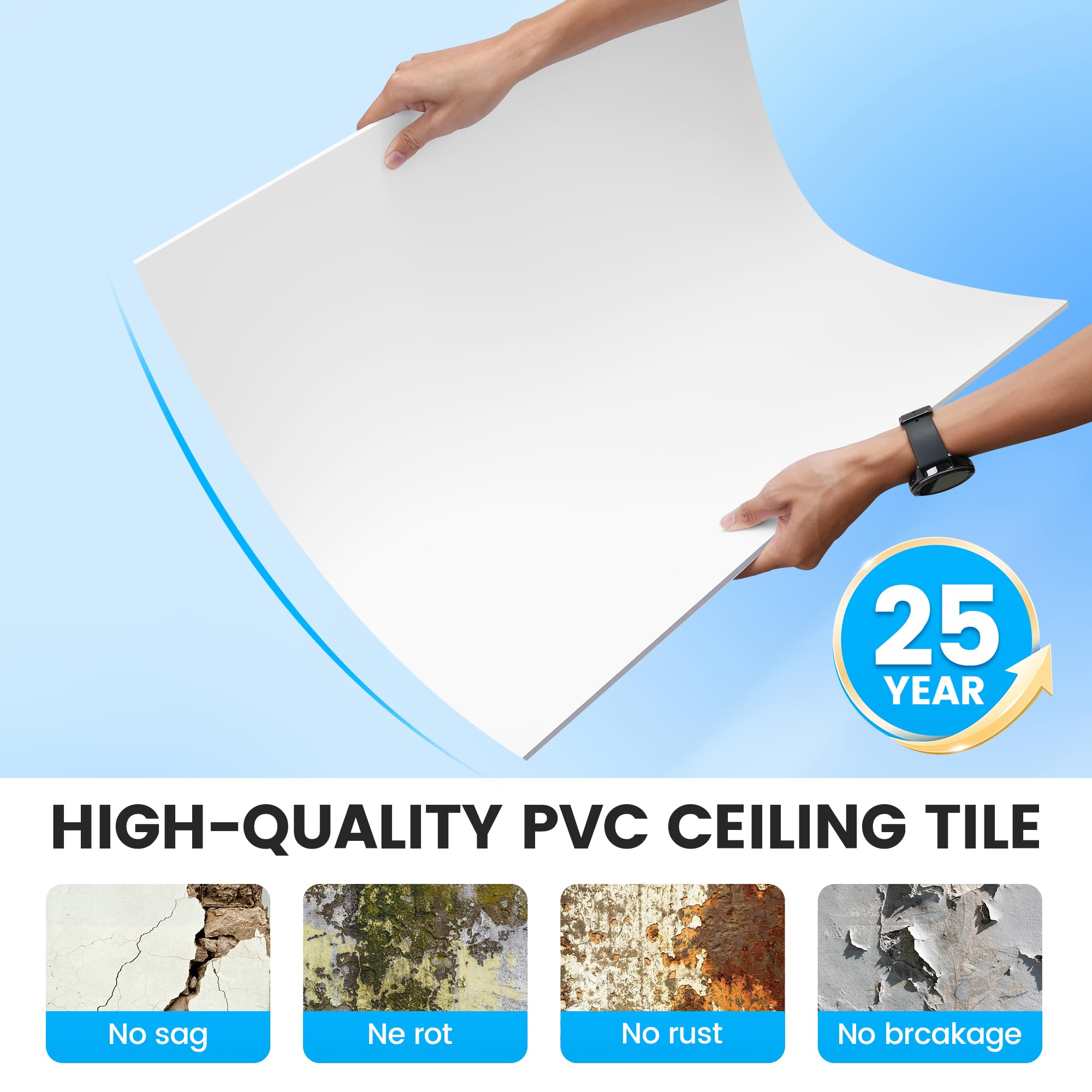 WOEden Płytki sufitowe, 12 szt. płytek sufitowych, 6 m x 0,6 m, osłona panelu PCW, 5 mm, wodoodporna, nadająca się do prania i ognioodporna, 96 m2 – biała (biała, 5 x 5 m)