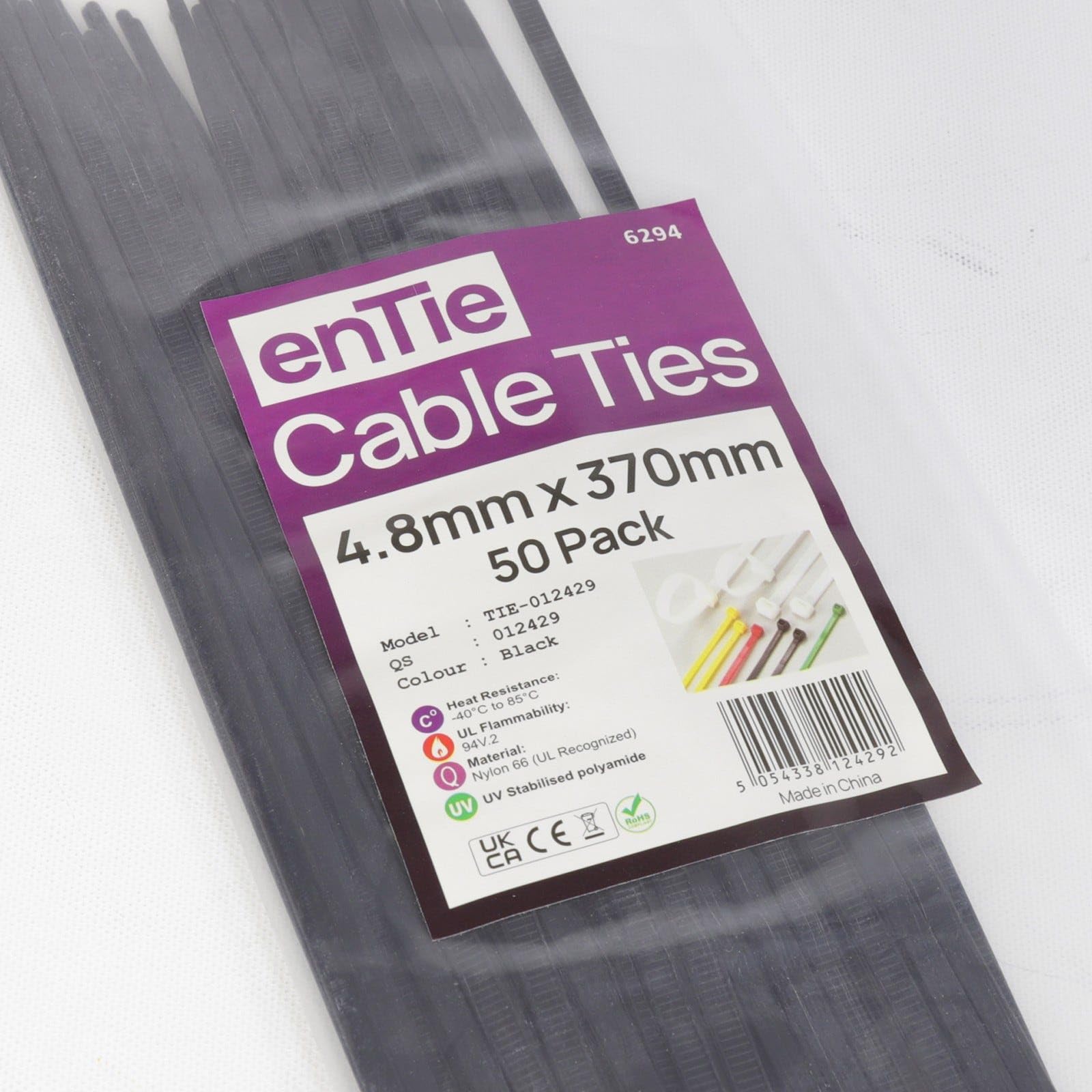 enTie Black Cable Ties 4.8mm x 370mm Nylon 66 UL Approved [50 Pack]