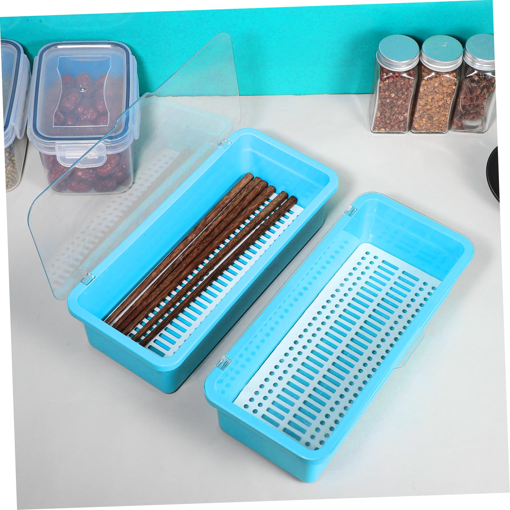 Alipis 2 Series Caja Organizadora para Cubiertos con Tapa Bandejas Plásticas con Drenaje Reutilizables Almacenamiento para Utensilios De Cocina De Azul para Encimeras 2 Piezas*2