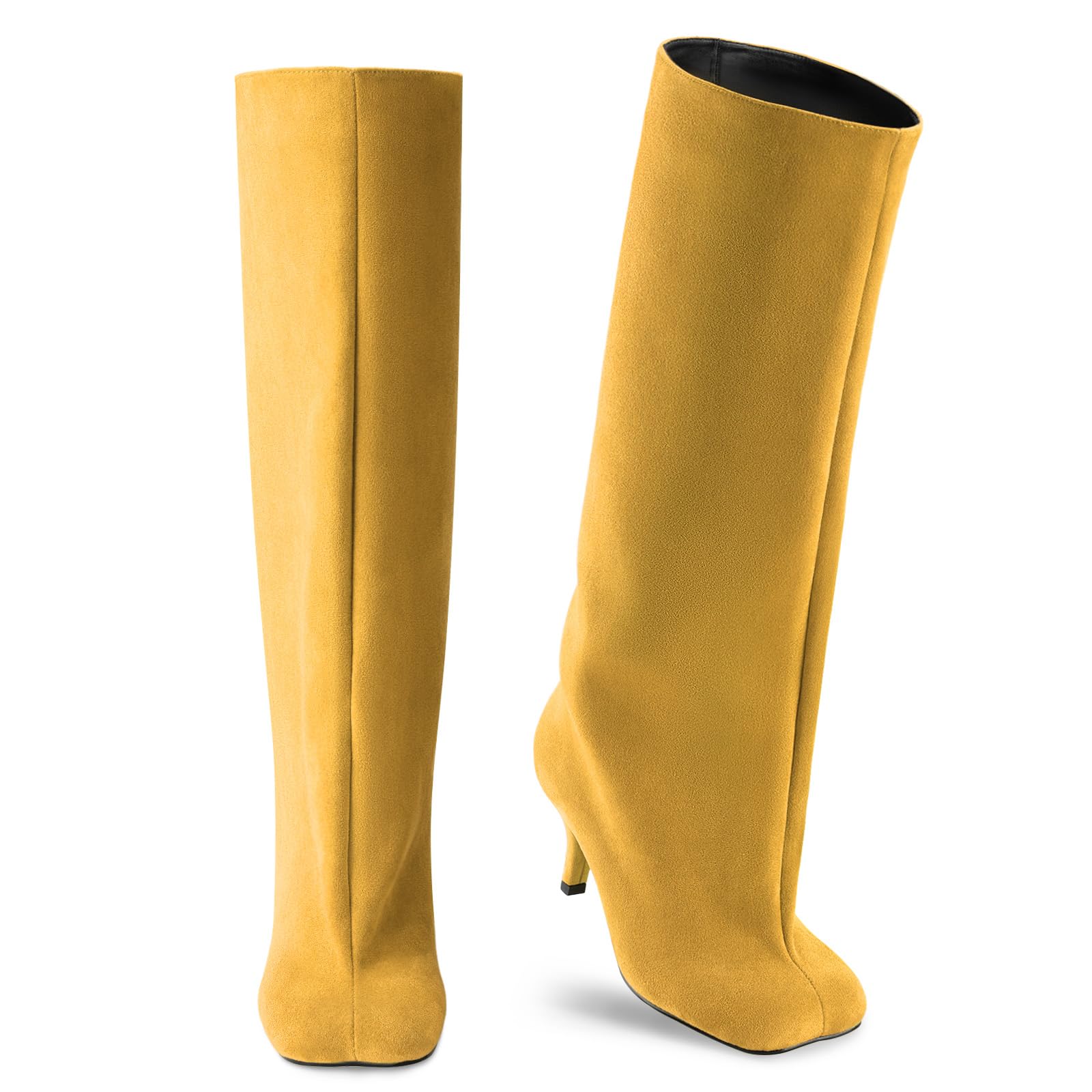 Oh Mispares Women's Nude Suede Knee High Boots - Square Toe Wide Calf Stiletto Low Heels - Fashionable Kitten Heel Pull-On Tall Winter Boots for