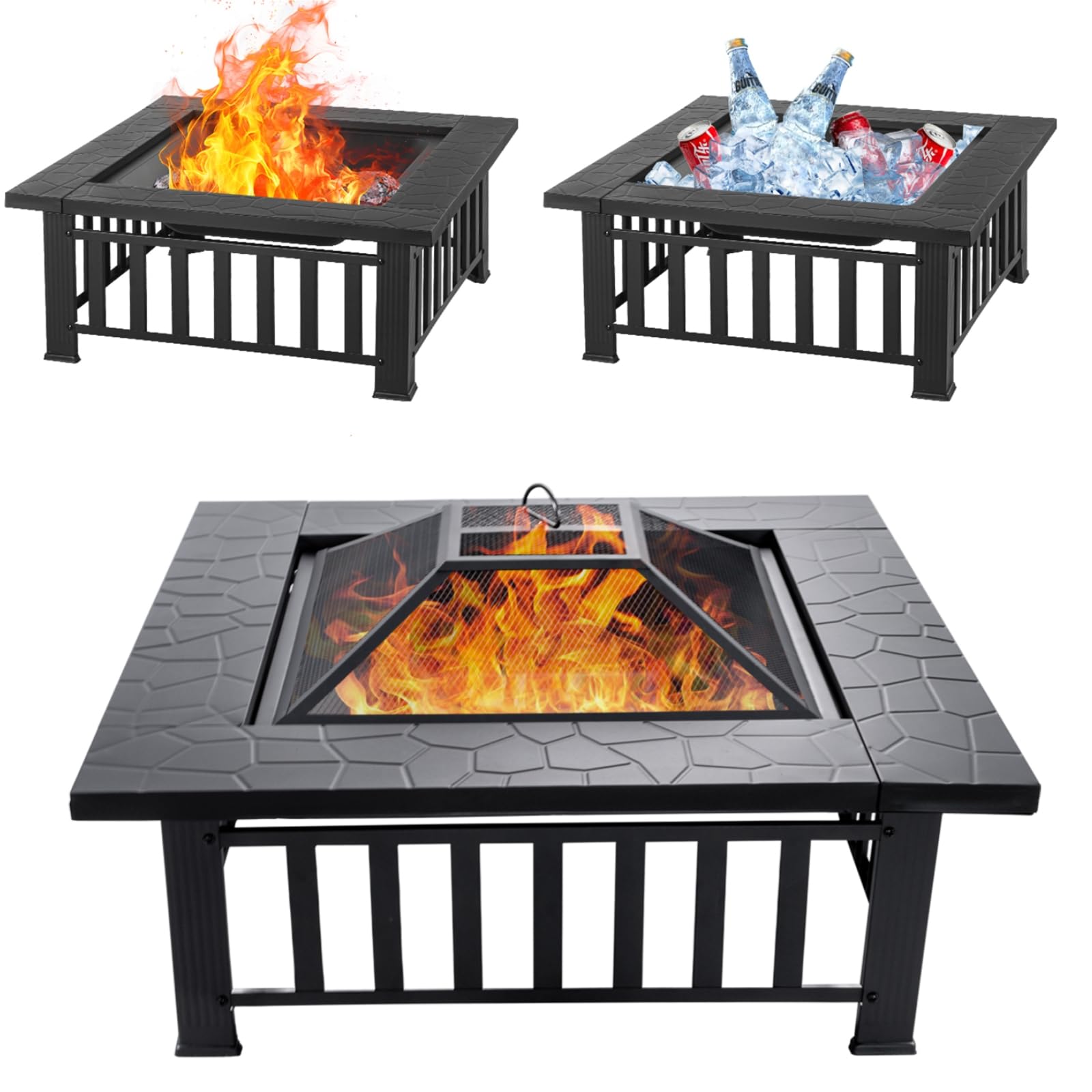 similar to stock photo.32 inch fire pit, square outdoor fire pit table with spark screen & fire poker, 3-in-1 multipurpose firepits for outside, fireplace for yard, garden, patio