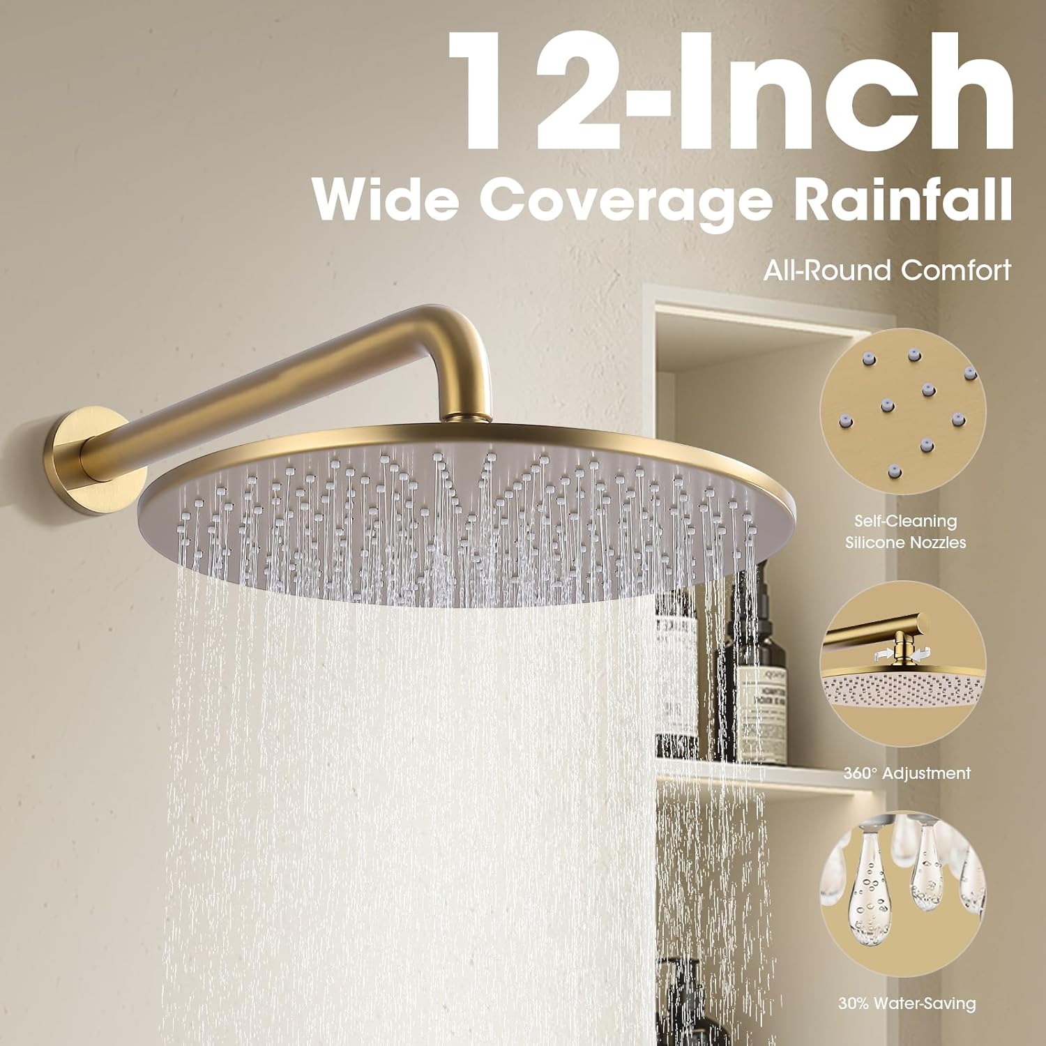 TRUSTMI Brushed Gold Shower System with Swivel Tub Spout, Wall Mounted 12" Rainfall Shower Set with Brass Rough-In Pressure Balance Diverter Valve and Trim Kit