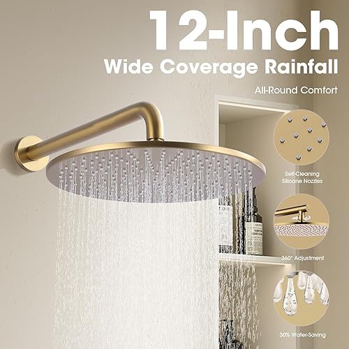 Miniatura 10 de TRUSTMI Sistema de ducha dorado cepillado con boquilla giratoria, juego de ducha de lluvia de 12 pulgadas montado en la pared con válvula desviadora