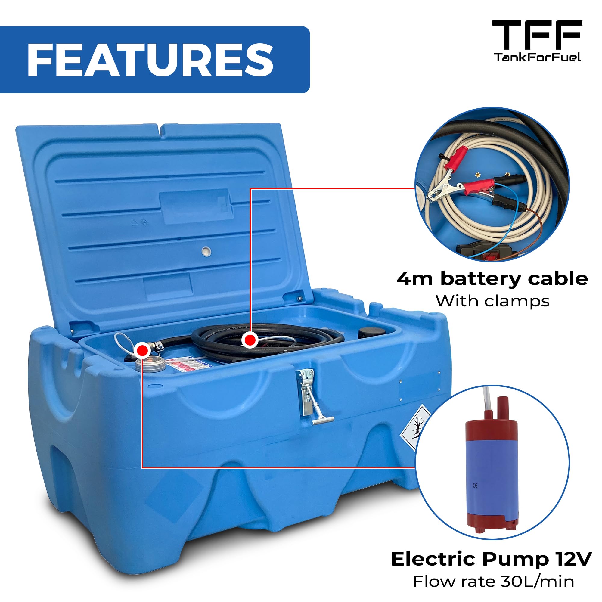 TFF Tanque AdBlue Portátil, 150 Litros con Bomba Sumergible 12V con un caudal de 15 l/min. Bomba AdBlue con Cable de Conexión a Batería y Manguera Flexible de 4 m con Pistola de Suministro