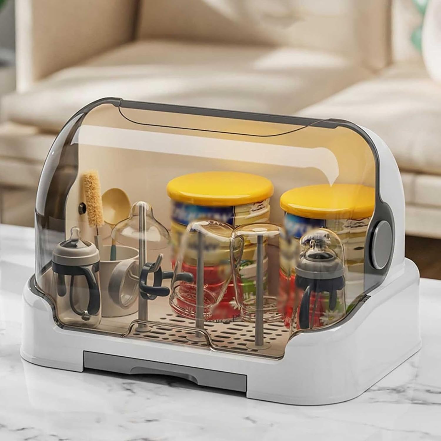 JOYO 2025 Large Baby Bottle Organizer with Cover ＆ Removable Drain Tray, Dustproof Portable Baby Bottle, Drying Rack Reusable Bottles Rack Holder Storage for Baby Bottles (Grey, Extra-Large)