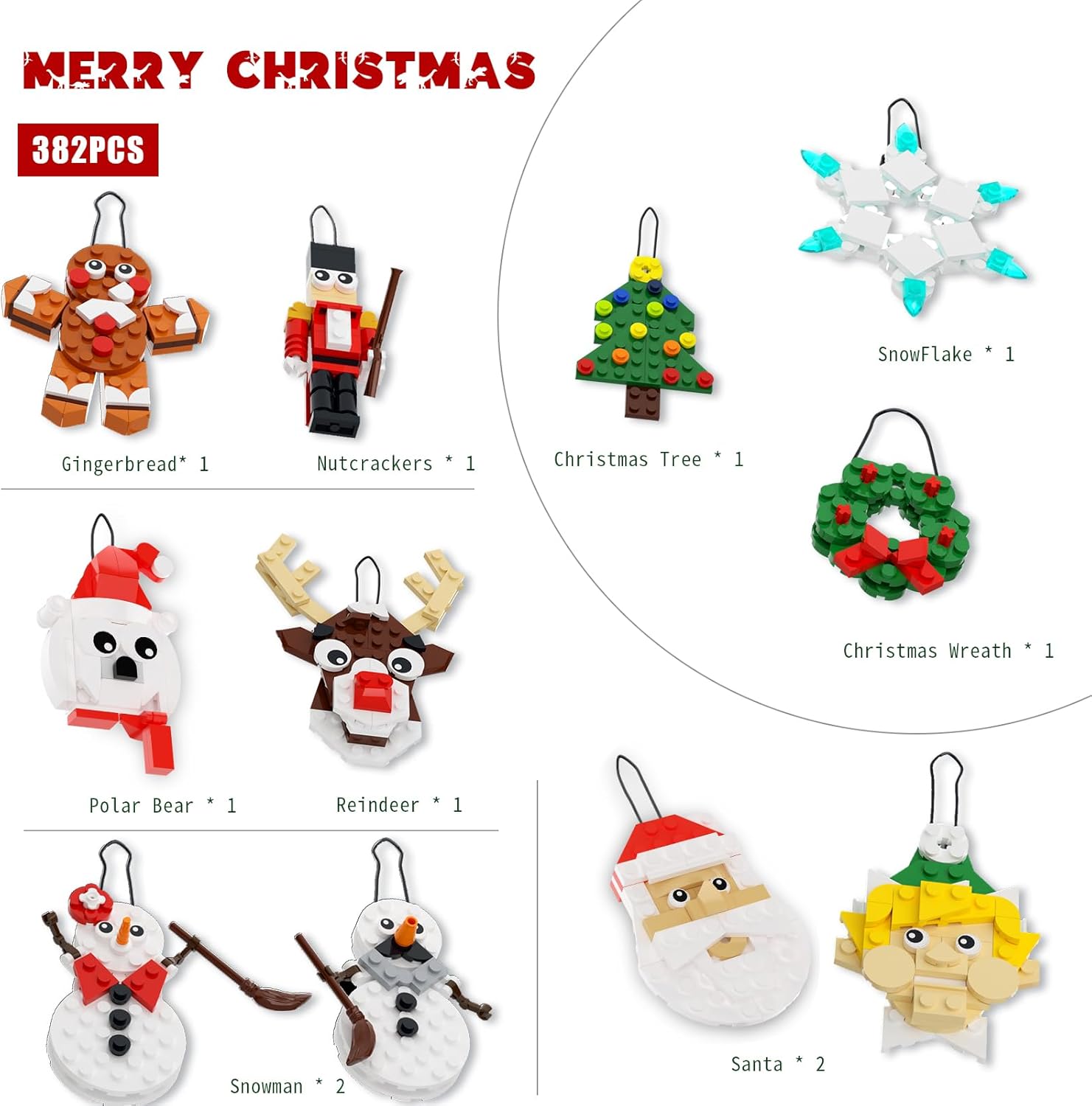 Diagram showing the 11 different Christmas ornaments that can be built: Gingerbread, Nutcracker, Snowflake, Christmas Tree, Christmas Wreath, Polar Bear, Reindeer, two Snowmen, and two Santa designs.
