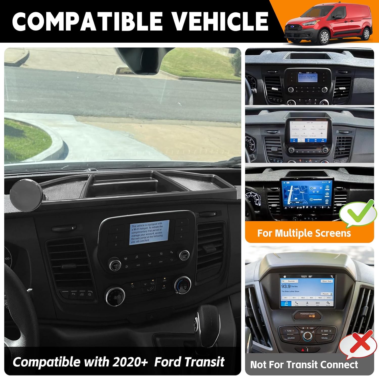 Dashboard Phone Holder Compatible with 2020-2026 Ford Transit 150 250 350 Center Console Organizer Dashboard Phone Multi-Mount Kit Dash Tray for 2025 Transit Accessories(Transit 2020-2026)