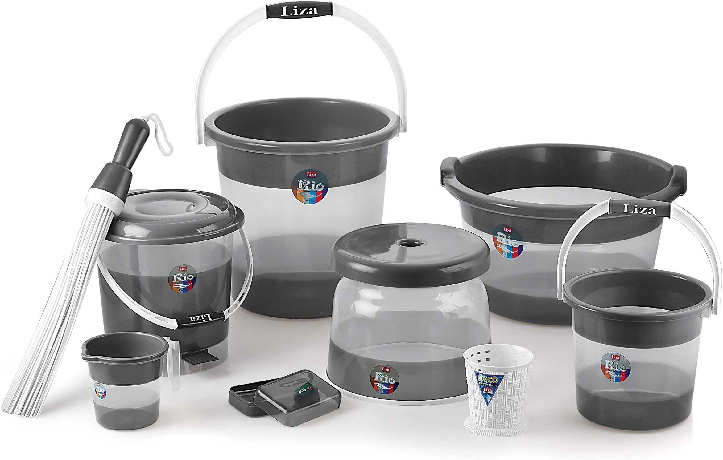 Liza Plastic Deluxe Elegance Bathroom Set (Set of 9, Grey, Rio)