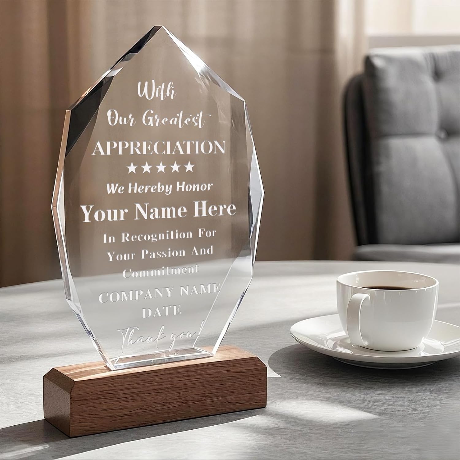 Custom Crystal Trophy Award with Wood Base, Personalized Engraved Text and Logo on Glass Plaque, Appreciation Gift for Employees, Boss, Manager, Retirement, Sports Recognition