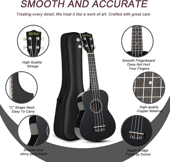 Soprano Ukulele Beginner Kit for Kids Adult Student w/Free Online Lesson 21 Inch Ukelele Gig Bag Strap String Stickers Pick Polishing Cloth, Rainbow Series Ukalalee(Shinny Black)