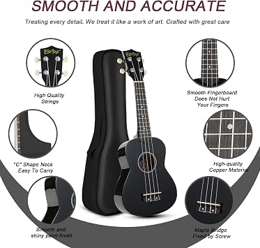 Soprano Ukulele Beginner Kit for Kids Adult Student w/Free Online Lesson 21 Inch Ukelele Gig Bag Strap String Stickers Pick Polishing Cloth, Rainbow Series Ukalalee(Shinny Black)