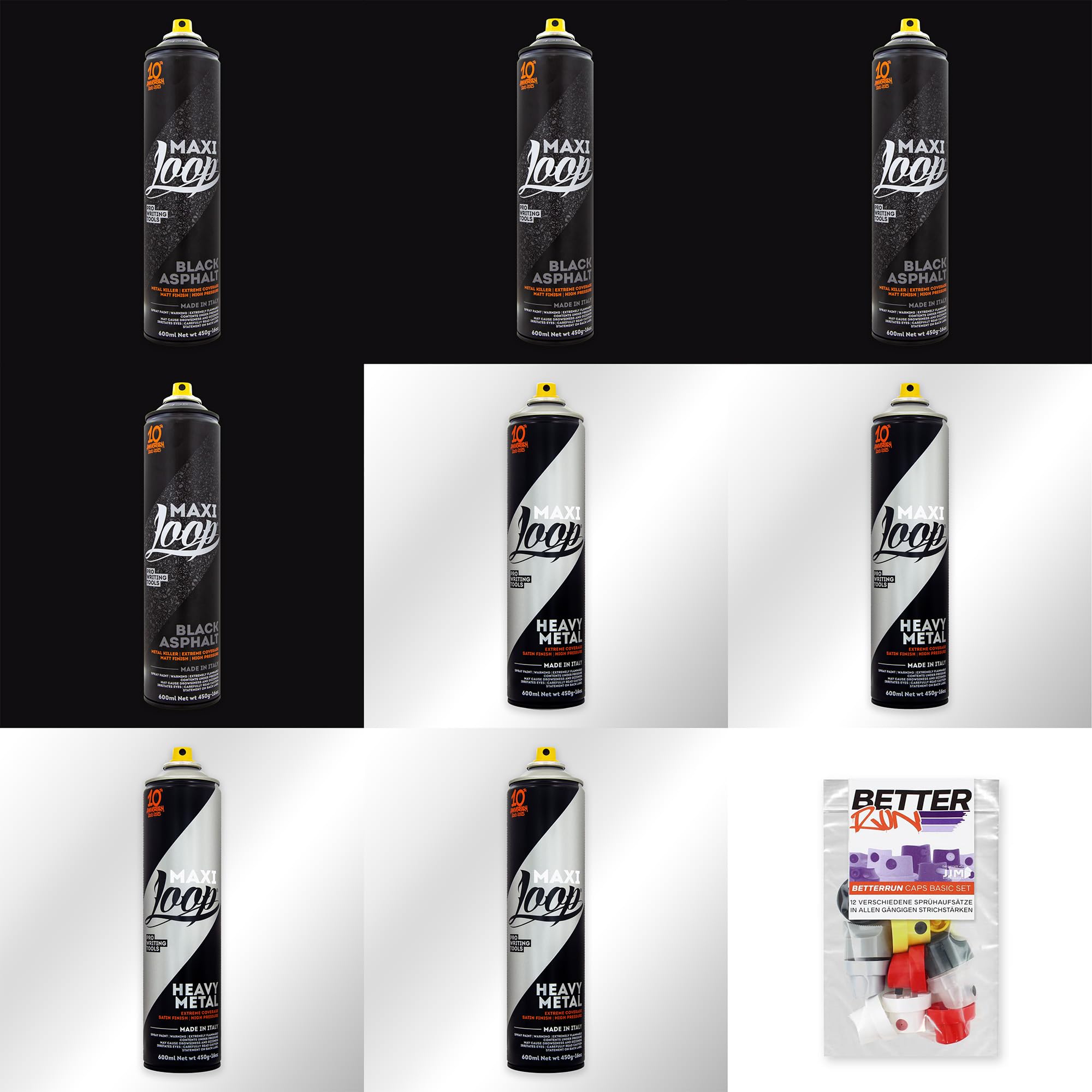 Betterrun LOOP Sprühdosen Set Silber Schwarz - 8 x 600ml Acryllack + 10x Sprühaufsätze - Graffiti Spray Cans