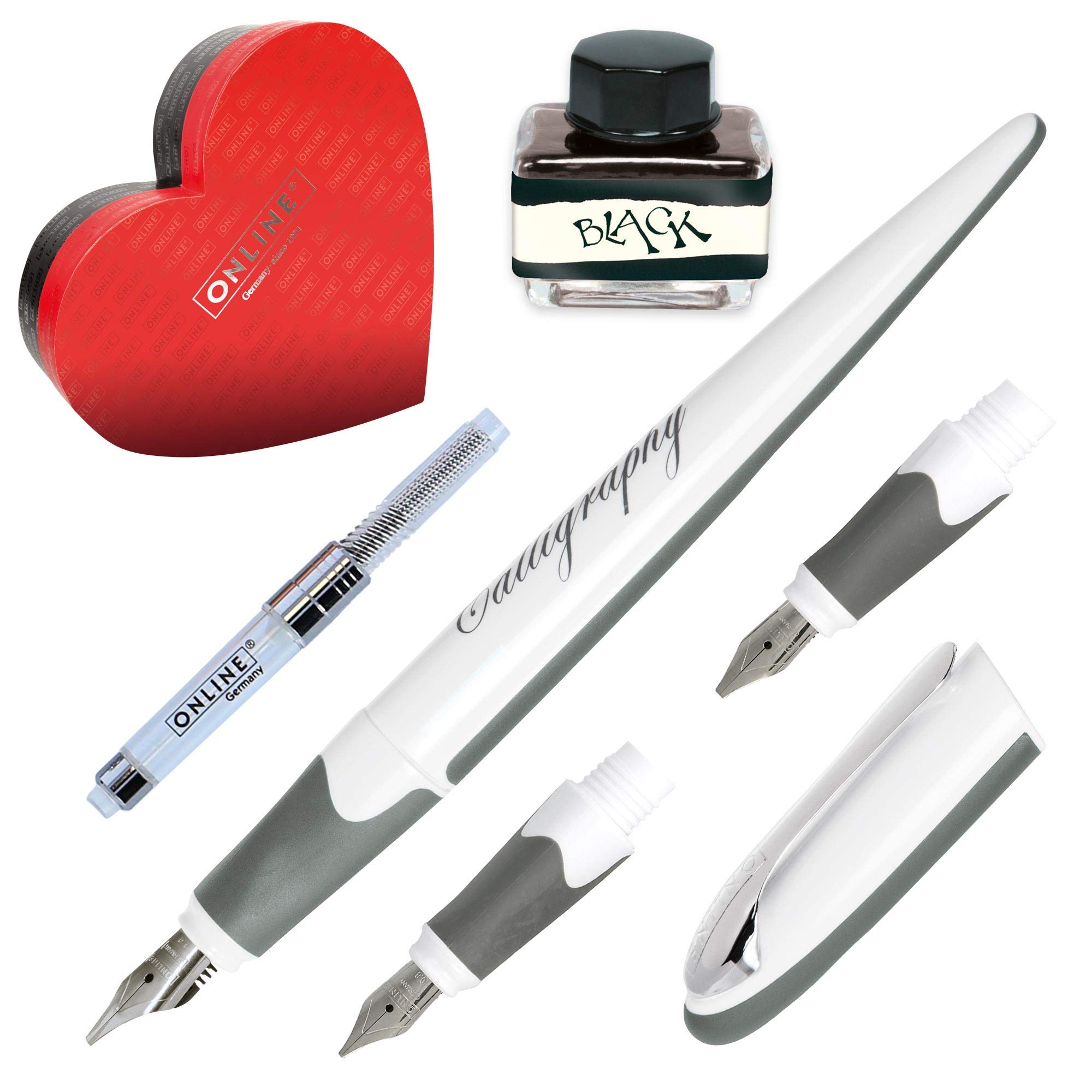 ONLINE Air 10034 Set Calligrafia In Scatola Cuore - Penna Stilografica Con 3 Pennini (0,8/1,4/1,8 Mm), Convertitore E Calamaio Inchiostro Nero