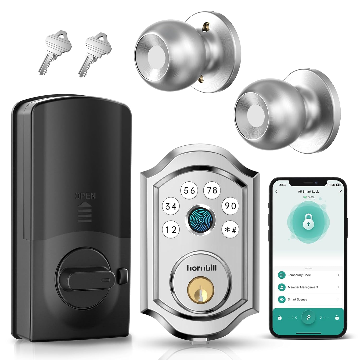 Smart Deadbolt Door Lock Set: Silver Hornbill Keyless Entry Door Knobs with Fingerprint Electronic Digital Bluetooth Door Lock with Keypad Code App Alexa Auto Lock for House Apartment