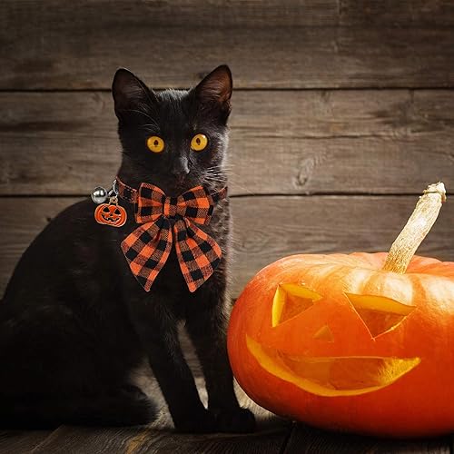 Vista 6 de STMK Paquete de 2 collares de gato de Halloween con campana de lazo, ajustable para Halloween, gato, gatito, collar con campana de calabaza