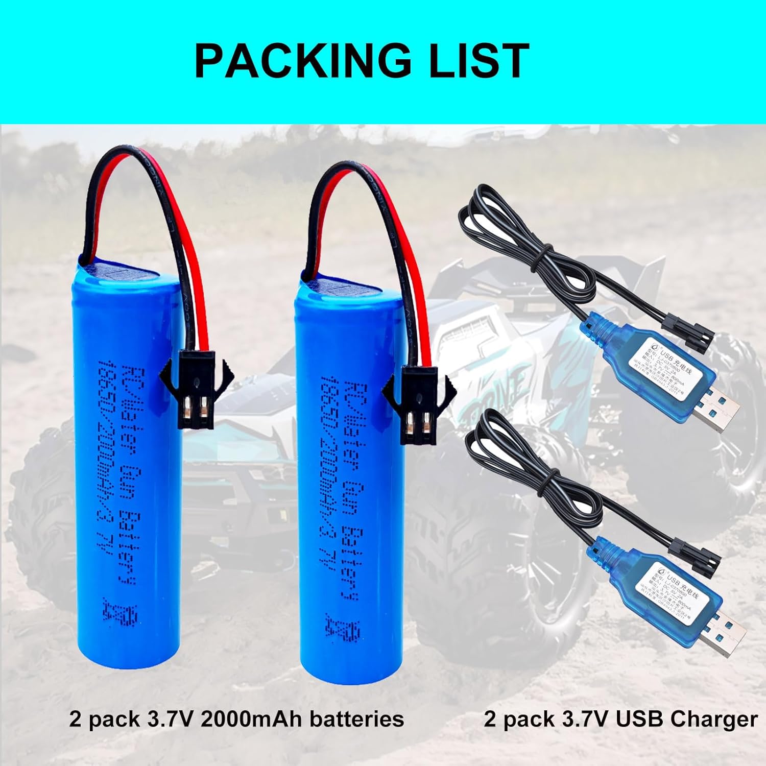 2 PACK 3.7V 2000mAh ( 3.7v 1200mah battery upgrade) Li-ion Rechargeable Batteries SM-2P Plug with USB Charge Cable for for Remote Control Monster Truck Off-Road Vehicle Racing Remote Control Car