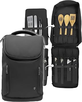 Chef Sac Knife Bag Backpack, Chef Knife Bag with 21 Plus Pockets for Knives and Tools, Knife Case for Chefs and Culinary Students, Black