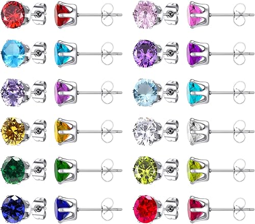 Juego de 12 pares de aretes de tuerca de acero inoxidable con circonita cúbica para mujer, juego de aretes de tuerca con piedra natal multicolor